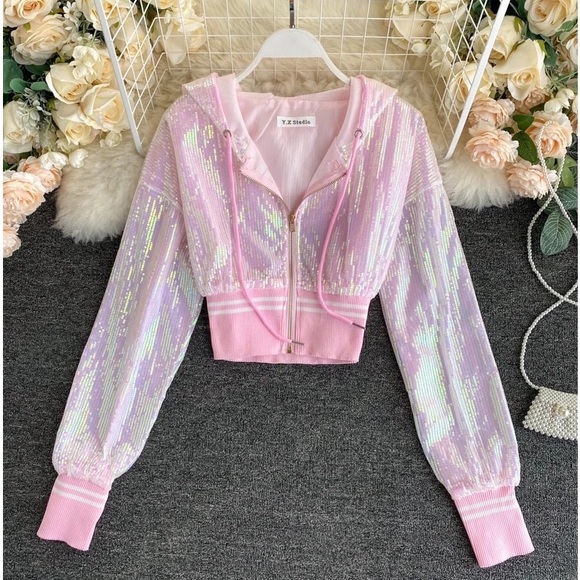 Sequin hoodie bomber jacket shiny sparkle pink black white stripe sporty… - Picture 3 of 8